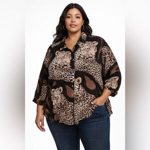 Vintage Brylane Woman 24W Leopard Safari Blouse 100% Rayon Statement Top NWOT